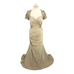 La Femme Satin Evening Dress Lace and Scoop Neckline Size 4 Taupe NWOT $498 MSRP